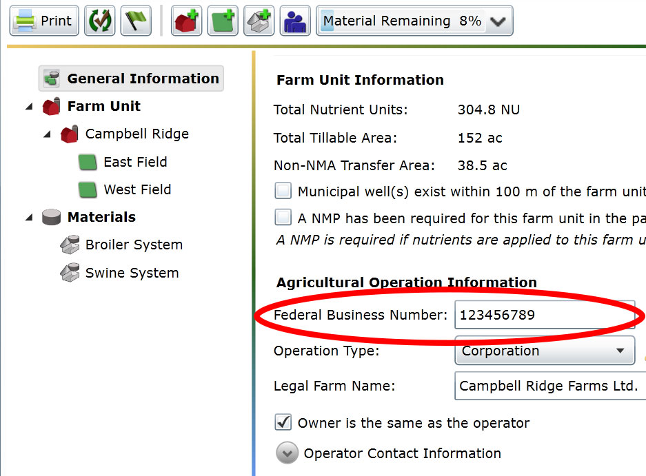 Screenshot of AgriSuite software highlighting the federal business number field on the general information tab.